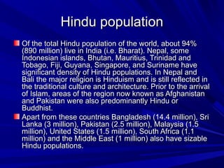 Hindu populationHindu population
Of the total Hindu population of the world, about 94%Of the total Hindu population of the world, about 94%
(890 million) live in India (i.e. Bharat). Nepal, some(890 million) live in India (i.e. Bharat). Nepal, some
Indonesian islands, Bhutan, Mauritius, Trinidad andIndonesian islands, Bhutan, Mauritius, Trinidad and
Tobago, Fiji, Guyana, Singapore, and Suriname haveTobago, Fiji, Guyana, Singapore, and Suriname have
significant density of Hindu populations. In Nepal andsignificant density of Hindu populations. In Nepal and
Bali the major religion is Hinduism and is still reflected inBali the major religion is Hinduism and is still reflected in
the traditional culture and architecture. Prior to the arrivalthe traditional culture and architecture. Prior to the arrival
of Islam, areas of the region now known as Afghanistanof Islam, areas of the region now known as Afghanistan
and Pakistan were also predominantly Hindu orand Pakistan were also predominantly Hindu or
Buddhist.Buddhist.
Apart from these countries Bangladesh (14.4 million), SriApart from these countries Bangladesh (14.4 million), Sri
Lanka (3 million), Pakistan (2.5 million), Malaysia (1.5Lanka (3 million), Pakistan (2.5 million), Malaysia (1.5
million), United States (1.5 million), South Africa (1.1million), United States (1.5 million), South Africa (1.1
million) and the Middle East (1 million) also have sizablemillion) and the Middle East (1 million) also have sizable
Hindu populations.Hindu populations.
 