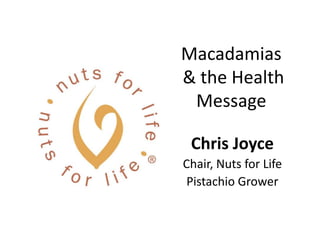 Macadamias
& the Health
 Message

 Chris Joyce
Chair, Nuts for Life
 Pistachio Grower
 