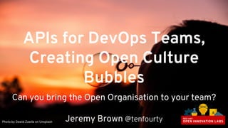 APIs for DevOps Teams,
Creating Open Culture
Bubbles
Can you bring the Open Organisation to your team?
Jeremy Brown @tenfourtyPhoto by Dawid Zawiła on Unsplash
 