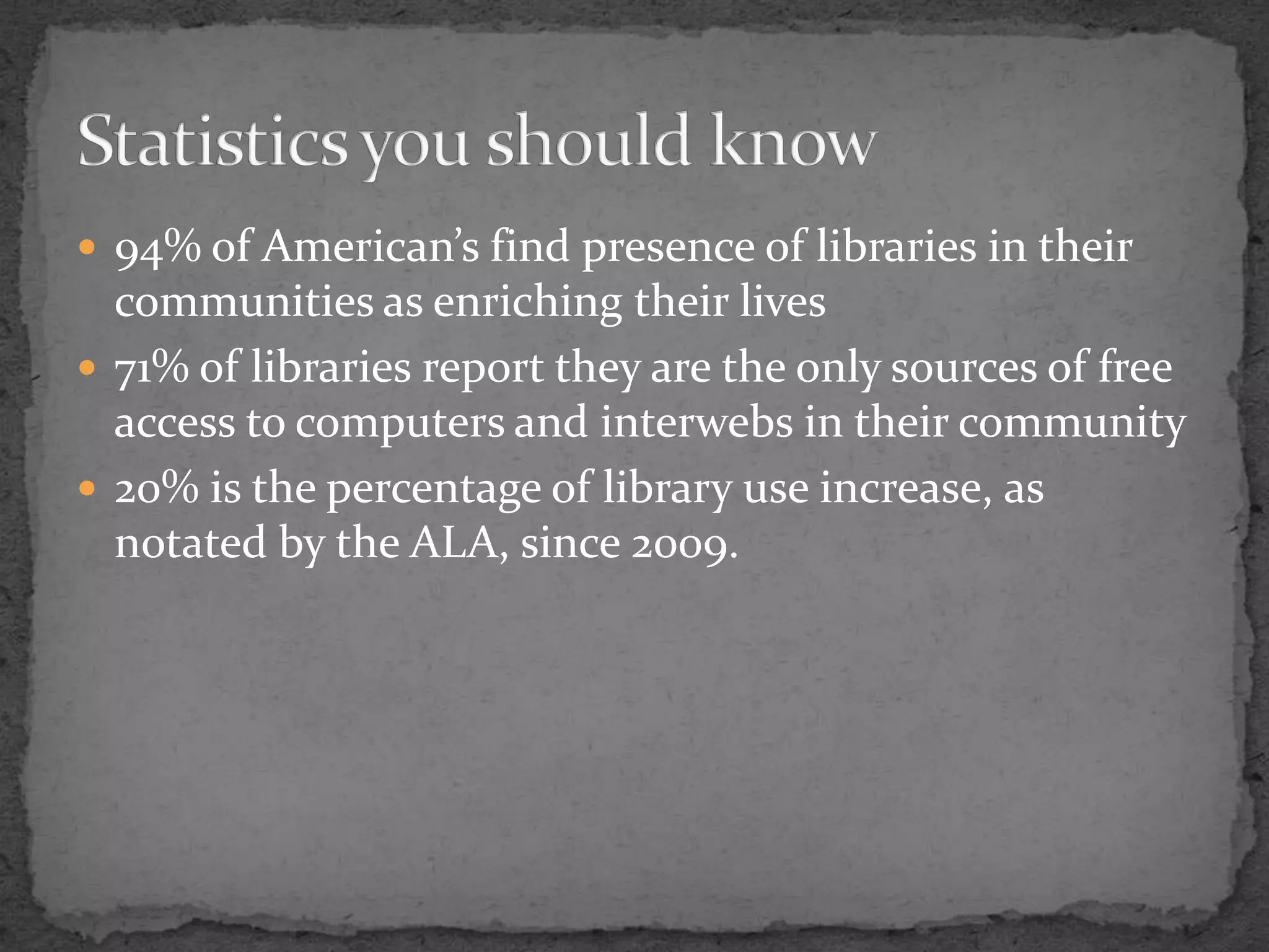 94% of American’s find presence of libraries in their communities as enriching their lives71% of libraries report they are the only sources of free access to computers and interwebs in their community20% is the percentage of library use increase, as notated by the ALA, since 2009.Statistics you should know	