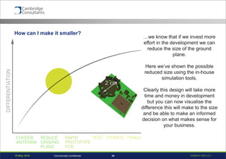 19 May 2016 S3908-P-835 v0.139Commercially Confidential
How can I make it smaller?
2 cm
…we know that if we invest more
effort in the development we can
reduce the size of the ground
plane.
Here we’ve shown the possible
reduced size using the in-house
simulation tools.
Clearly this design will take more
time and money in development
but you can now visualise the
difference this will make to the size
and be able to make an informed
decision on what makes sense for
your business.
 