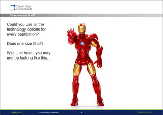 19 May 2016 S3908-P-835 v0.18Commercially Confidential
Does one size fit all?
Could you use all the
technology options for
every application?
Does one size fit all?
Well….at best…you may
end up looking like this…
 