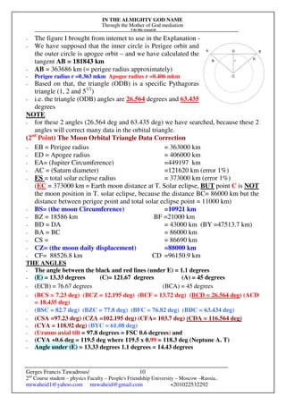 IN THE ALMIGHTY GOD NAME
Through the Mother of God mediation
I do this research
Gerges Francis Tawadrous/
2nd
Course student – physics Faculty – People's Friendship University – Moscow –Russia..
mrwaheid1@yahoo.com mrwaheid@gmail.com +201022532292
10
- The figure I brought from internet to use in the Explanation -
- We have supposed that the inner circle is Perigee orbit and
the outer circle is apogee orbit – and we have calculated the
tangent AB = 181843 km
- AB = 363686 km (= perigee radius approximately)
- Perigee radius r =0.363 mkm Apogee radius r =0.406 mkm
- Based on that, the triangle (ODB) is a specific Pythagoras
triangle (1, 2 and 51/2
)
- i.e. the triangle (ODB) angles are 26.564 degrees and 63.435
degrees
NOTE
- for these 2 angles (26.564 deg and 63.435 deg) we have searched, because these 2
angles will correct many data in the orbital triangle.
(2nd
Point) The Moon Orbital Triangle Data Correction
- EB = Perigee radius = 363000 km
- ED = Apogee radius = 406000 km
- EA= (Jupiter Circumference) =449197 km
- AC = (Saturn diameter) =121620 km (error 1%)
- ES = total solar eclipse radius = 373000 km (error 1%)
(EC = 373000 km = Earth moon distance at T. Solar eclipse, BUT point C is NOT
the moon position in T. solar eclipse, because the distance BC= 86000 km but the
distance between perigee point and total solar eclipse point = 11000 km)
- BS= (the moon Circumference) =10921 km
- BZ = 18586 km BF =21000 km
- BD = DA = 43000 km (BY =47513.7 km)
- BA = BC = 86000 km
- CS = = 86690 km
- CZ= (the moon daily displacement) =88000 km
- CF= 88526.8 km CD =96150.9 km
THE ANGLES
- The angle between the black and red lines (under E) = 1.1 degrees
- (E) = 13.33 degrees (C)= 121.67 degrees (A) = 45 degrees
- (ECB) = 76.67 degrees (BCA) = 45 degrees
- (BCS = 7.23 deg) (BCZ = 12.195 deg) (BCF = 13.72 deg) (BCD = 26.564 deg) (ACD
= 18.435 deg)
- (BSC = 82.7 deg) (BZC = 77.8 deg) (BFC = 76.82 deg) (BDC = 63.434 deg)
- (CSA =97.23 deg) (CZA =102.195 deg) (CFA= 103.7 deg) (CDA = 116.564 deg)
- (CYA = 118.92 deg) (BYC = 61.08 deg)
- (Uranus axial tilt = 97.8 degrees = FSC 0.6 degrees) and
- (CYA +0.6 deg = 119.5 deg where 119.5 x 0.99 = 118.3 deg (Neptune A. T)
- Angle under (E) = 13.33 degrees 1.1 degrees = 14.43 degrees
 