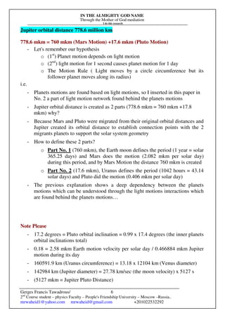 IN THE ALMIGHTY GOD NAME
Through the Mother of God mediation
I do this research
Gerges Francis Tawadrous/
2nd
Course student – physics Faculty – People's Friendship University – Moscow –Russia..
mrwaheid1@yahoo.com mrwaheid@gmail.com +201022532292
6
Jupiter orbital distance 778.6 million km
778.6 mkm = 760 mkm (Mars Motion) +17.6 mkm (Pluto Motion)
- Let's remember our hypothesis
o (1st
) Planet motion depends on light motion
o (2nd
) light motion for 1 second causes planet motion for 1 day
o The Motion Rule ( Light moves by a circle circumference but its
follower planet moves along its radius)
i.e.
- Planets motions are found based on light motions, so I inserted in this paper in
No. 2 a part of light motion network found behind the planets motions
- Jupiter orbital distance is created as 2 parts (778.6 mkm = 760 mkm +17.8
mkm) why?
- Because Mars and Pluto were migrated from their original orbital distances and
Jupiter created its orbital distance to establish connection points with the 2
migrants planets to support the solar system geometry
- How to define these 2 parts?
o Part No. 1 (760 mkm), the Earth moon defines the period (1 year = solar
365.25 days) and Mars does the motion (2.082 mkm per solar day)
during this period, and by Mars Motion the distance 760 mkm is created
o Part No. 2 (17.6 mkm), Uranus defines the period (1042 hours = 43.14
solar days) and Pluto did the motion (0.406 mkm per solar day)
- The previous explanation shows a deep dependency between the planets
motions which can be understood through the light motions interactions which
are found behind the planets motions…
Note Please
- 17.2 degrees = Pluto orbital inclination = 0.99 x 17.4 degrees (the inner planets
orbital inclinations total)
- 0.18 = 2.58 mkm Earth motion velocity per solar day / 0.466884 mkm Jupiter
motion during its day
- 160591.9 km (Uranus circumference) = 13.18 x 12104 km (Venus diameter)
- 142984 km (Jupiter diameter) = 27.78 km/sec (the moon velocity) x 5127 s
- (5127 mkm = Jupiter Pluto Distance)
 