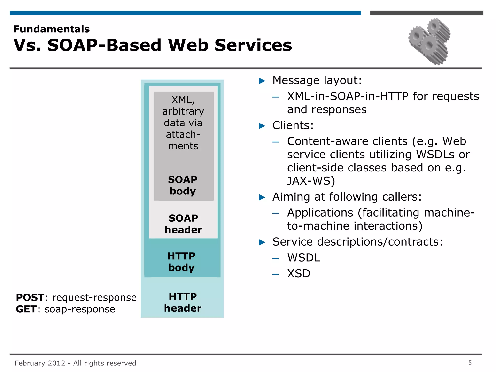Fundamentals
Vs. SOAP-Based Web Services

                                                  ▶ Message layout:
                                        XML,        – XML-in-SOAP-in-HTTP for requests
                                      arbitrary        and responses
                                      data via    ▶ Clients:
                                       attach-
                                       ments        – Content-aware clients (e.g. Web
                                                       service clients utilizing WSDLs or
                                                       client-side classes based on e.g.
                                       SOAP            JAX-WS)
                                       body
                                                  ▶ Aiming at following callers:
                                       SOAP
                                                    – Applications (facilitating machine-
                                      header           to-machine interactions)
                                                  ▶ Service descriptions/contracts:
                                       HTTP         – WSDL
                                       body
                                                    – XSD

POST: request-response                 HTTP
GET: soap-response                    header




February 2012 - All rights reserved                                                    5
 