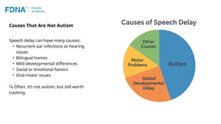 Causes That Are Not Autism
Speech delay can have many causes:
• Recurrent ear infections or hearing
issues
• Bilingual homes
• Mild developmental differences
• Social or emotional factors
• Oral-motor issues
🔍 Often, it’s not autism, but still worth
tracking.
 