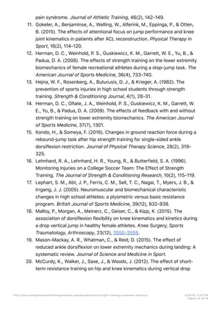 pain syndrome. Journal of Athletic Training, 46(2), 142-149.
11. Gokeler, A., Benjaminse, A., Welling, W., Alferink, M., Eppinga, P., & Otten,
B. (2015). The effects of attentional focus on jump performance and knee
joint kinematics in patients after ACL reconstruction. Physical Therapy in
Sport, 16(2), 114-120.
12. Herman, D. C., Weinhold, P. S., Guskiewicz, K. M., Garrett, W. E., Yu, B., &
Padua, D. A. (2008). The effects of strength training on the lower extremity
biomechanics of female recreational athletes during a stop-jump task. The
American Journal of Sports Medicine, 36(4), 733-740.
13. Hejna, W. F., Rosenberg, A., Buturusis, D. J., & Krieger, A. (1982). The
prevention of sports injuries in high school students through strength
training. Strength & Conditioning Journal, 4(1), 28-31.
14. Herman, D. C., Oñate, J. A., Weinhold, P. S., Guskiewicz, K. M., Garrett, W.
E., Yu, B., & Padua, D. A. (2009). The effects of feedback with and without
strength training on lower extremity biomechanics. The American Journal
of Sports Medicine, 37(7), 1301.
15. Kondo, H., & Someya, F. (2016). Changes in ground reaction force during a
rebound-jump task after hip strength training for single-sided ankle
dorsiflexion restriction. Journal of Physical Therapy Science, 28(2), 319-
325.
16. Lehnhard, R. A., Lehnhard, H. R., Young, R., & Butterfield, S. A. (1996).
Monitoring Injuries on a College Soccer Team: The Effect of Strength
Training. The Journal of Strength & Conditioning Research, 10(2), 115-119.
17. Lephart, S. M., Abt, J. P., Ferris, C. M., Sell, T. C., Nagai, T., Myers, J. B., &
Irrgang, J. J. (2005). Neuromuscular and biomechanical characteristic
changes in high school athletes: a plyometric versus basic resistance
program. British Journal of Sports Medicine, 39(12), 932-938.
18. Malloy, P., Morgan, A., Meinerz, C., Geiser, C., & Kipp, K. (2015). The
association of dorsiflexion flexibility on knee kinematics and kinetics during
a drop vertical jump in healthy female athletes. Knee Surgery, Sports
Traumatology, Arthroscopy, 23(12), 3550-3555.
19. Mason-Mackay, A. R., Whatman, C., & Reid, D. (2015). The effect of
reduced ankle dorsiflexion on lower extremity mechanics during landing: A
systematic review. Journal of Science and Medicine in Sport.
20. McCurdy, K., Walker, J., Saxe, J., & Woods, J. (2012). The effect of short-
term resistance training on hip and knee kinematics during vertical drop
http://www.strengthandconditioningresearch.com/perspectives/strength-training-movement-patterns/ 4/23/16, 11:02 PM
Página 14 de 16
 