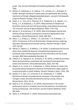 jumps. The Journal of Strength & Conditioning Research, 26(5), 1257-
1264.
21. McGinn, P., Mattacola, C. G., Malone, T. R., Johnson, D. L., & Shapiro, R.
(2006). Strength training for 6 weeks does not significantly alter landing
mechanics of female collegiate basketball players. Journal of Orthopaedic
& Sports Physical Therapy, 37(2), A24.
22. Myers, C. A., Torry, M. R., Peterson, D. S., Shelburne, K. B., Giphart, J. E.,
Krong, J. P., & Steadman, J. R. (2011). Measurements of tibiofemoral
kinematics during soft and stiff drop landings using biplane fluoroscopy.
The American Journal of Sports Medicine, 39(8), 1714-1722.
23. Nyman, E., & Armstrong, C. W. (2015). Real-time feedback during drop
landing training improves subsequent frontal and sagittal plane knee
kinematics. Clinical Biomechanics, 30(9), 988-994.
24. Olson, T. J., Chebny, C., Willson, J. D., Kernozek, T. W., & Straker, J. S.
(2011). Comparison of 2D and 3D kinematic changes during a single leg
step down following neuromuscular training. Physical Therapy in Sport,
12(2), 93-99.
25. Palmer, K., Hebron, C., & Williams, J. M. (2015). A randomised trial into the
effect of an isolated hip abductor strengthening programme and a
functional motor control programme on knee kinematics and hip muscle
strength. BMC Musculoskeletal Disorders, 16.
26. Pollard, C. D., Sigward, S. M., & Powers, C. M. (2010). Limited hip and knee
flexion during landing is associated with increased frontal plane knee
motion and moments. Clinical Biomechanics, 25(2), 142-146.
27. Sheerin, K. R., Hume, P. A., & Whatman, C. (2012). Effects of a lower limb
functional exercise programme aimed at minimising knee valgus angle on
running kinematics in youth athletes. Physical Therapy in Sport, 13(4), 250.
28. Snyder, K. R., Earl, J. E., O’Connor, K. M., & Ebersole, K. T. (2009).
Resistance training is accompanied by increases in hip strength and
changes in lower extremity biomechanics during running. Clinical
Biomechanics, 24(1), 26-34.
29. Stearns, K. M., & Powers, C. M. (2014). Improvements in hip muscle
performance result in increased use of the hip extensors and abductors
during a landing task. The American Journal of Sports Medicine, 42(3),
602-609.
30. Weiss, K., & Whatman, C. (2015). Biomechanics associated with
http://www.strengthandconditioningresearch.com/perspectives/strength-training-movement-patterns/ 4/23/16, 11:02 PM
Página 15 de 16
 