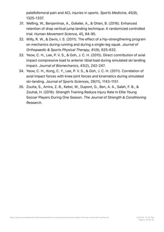 patellofemoral pain and ACL injuries in sports. Sports Medicine, 45(9),
1325-1337.
31. Welling, W., Benjaminse, A., Gokeler, A., & Otten, B. (2016). Enhanced
retention of drop vertical jump landing technique: A randomized controlled
trial. Human Movement Science, 45, 84-95.
32. Willy, R. W., & Davis, I. S. (2011). The effect of a hip-strengthening program
on mechanics during running and during a single-leg squat. Journal of
Orthopaedic & Sports Physical Therapy, 41(9), 625-632.
33. Yeow, C. H., Lee, P. V. S., & Goh, J. C. H. (2010). Direct contribution of axial
impact compressive load to anterior tibial load during simulated ski landing
impact. Journal of Biomechanics, 43(2), 242-247.
34. Yeow, C. H., Kong, C. Y., Lee, P. V. S., & Goh, J. C. H. (2011). Correlation of
axial impact forces with knee joint forces and kinematics during simulated
ski-landing. Journal of Sports Sciences, 29(11), 1143-1151.
35. Zouita, S., Amira, Z. B., Kebsi, W., Dupont, G., Ben, A. A., Salah, F. B., &
Zouhal, H. (2016). Strength Training Reduce Injury Rate In Elite Young
Soccer Players During One Season. The Journal of Strength & Conditioning
Research.
http://www.strengthandconditioningresearch.com/perspectives/strength-training-movement-patterns/ 4/23/16, 11:02 PM
Página 16 de 16
 