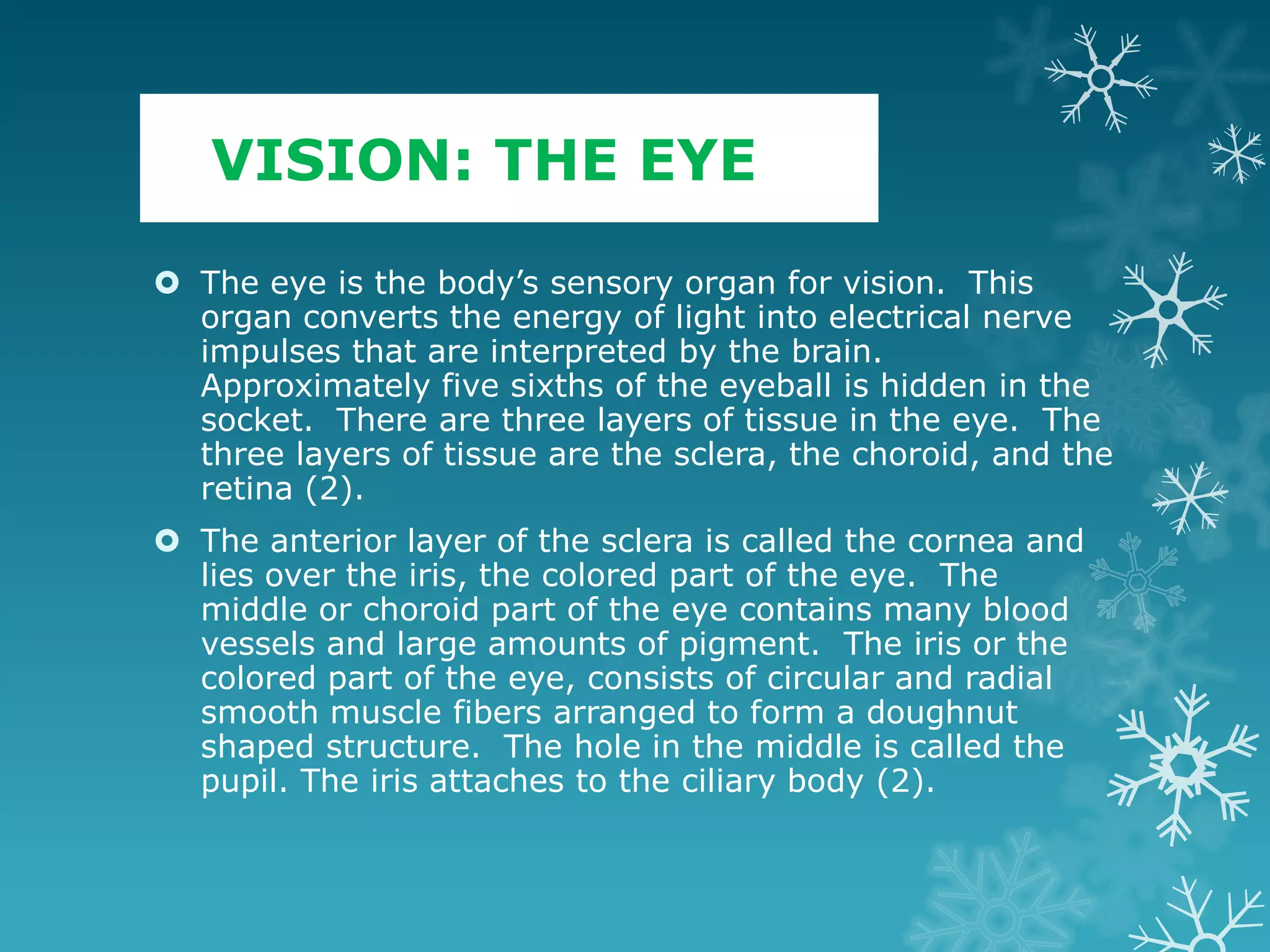VISION: THE EYE

 The eye is the body’s sensory organ for vision. This
  organ converts the energy of light into electrical nerve
  impulses that are interpreted by the brain.
  Approximately five sixths of the eyeball is hidden in the
  socket. There are three layers of tissue in the eye. The
  three layers of tissue are the sclera, the choroid, and the
  retina (2).
 The anterior layer of the sclera is called the cornea and
  lies over the iris, the colored part of the eye. The
  middle or choroid part of the eye contains many blood
  vessels and large amounts of pigment. The iris or the
  colored part of the eye, consists of circular and radial
  smooth muscle fibers arranged to form a doughnut
  shaped structure. The hole in the middle is called the
  pupil. The iris attaches to the ciliary body (2).
 