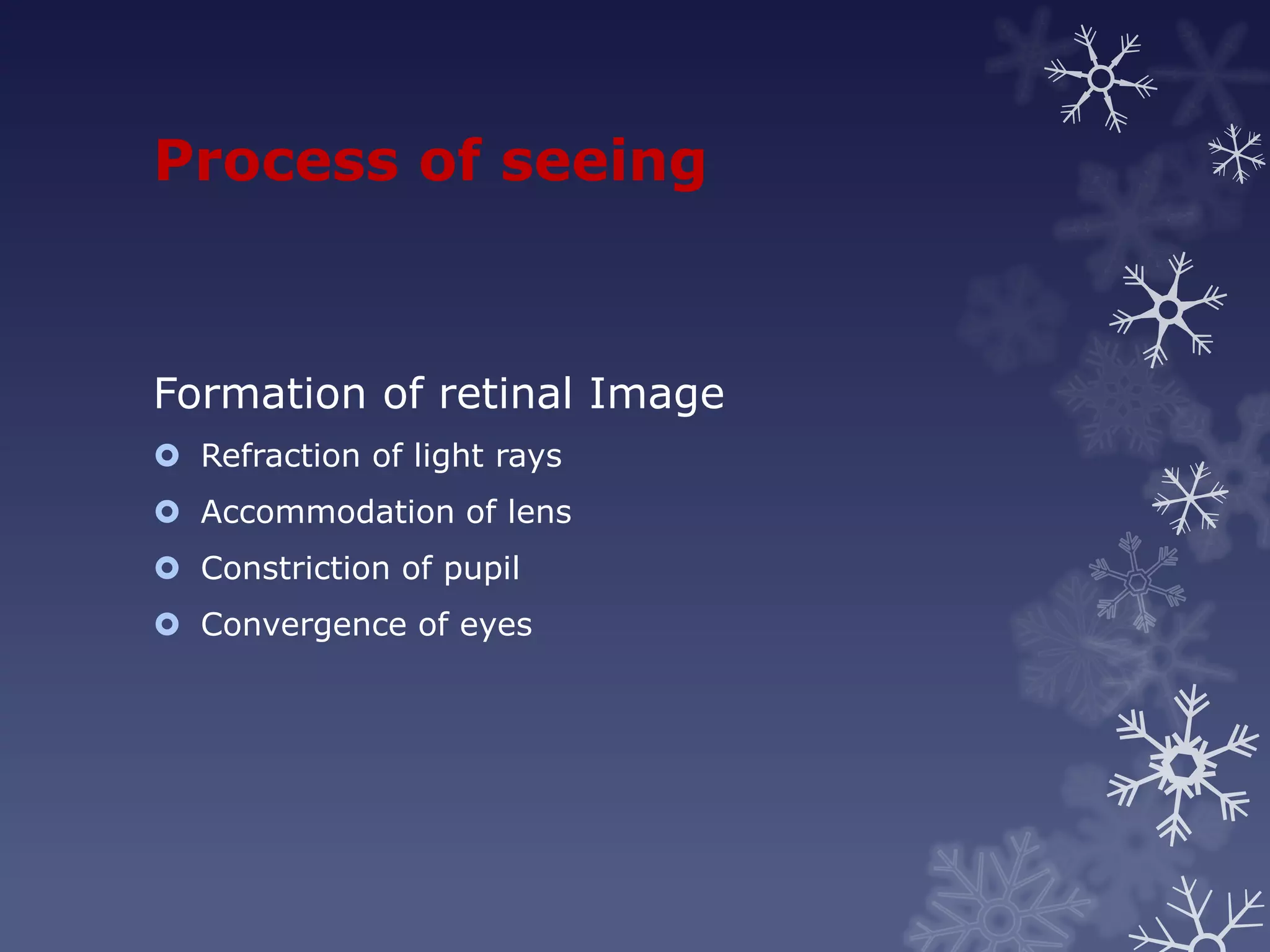 Process of seeing



Formation of retinal Image
 Refraction of light rays
 Accommodation of lens
 Constriction of pupil
 Convergence of eyes
 