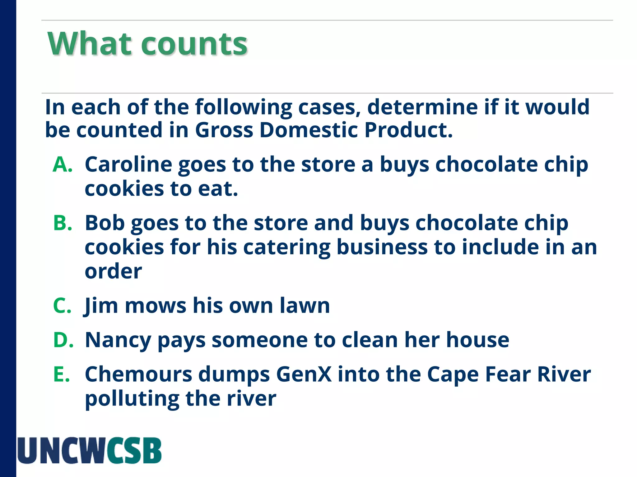 In each of the following cases, determine if it would
be counted in Gross Domestic Product.
A. Caroline goes to the store a buys chocolate chip
cookies to eat.
B. Bob goes to the store and buys chocolate chip
cookies for his catering business to include in an
order
C. Jim mows his own lawn
D. Nancy pays someone to clean her house
E. Chemours dumps GenX into the Cape Fear River
polluting the river
What counts
 