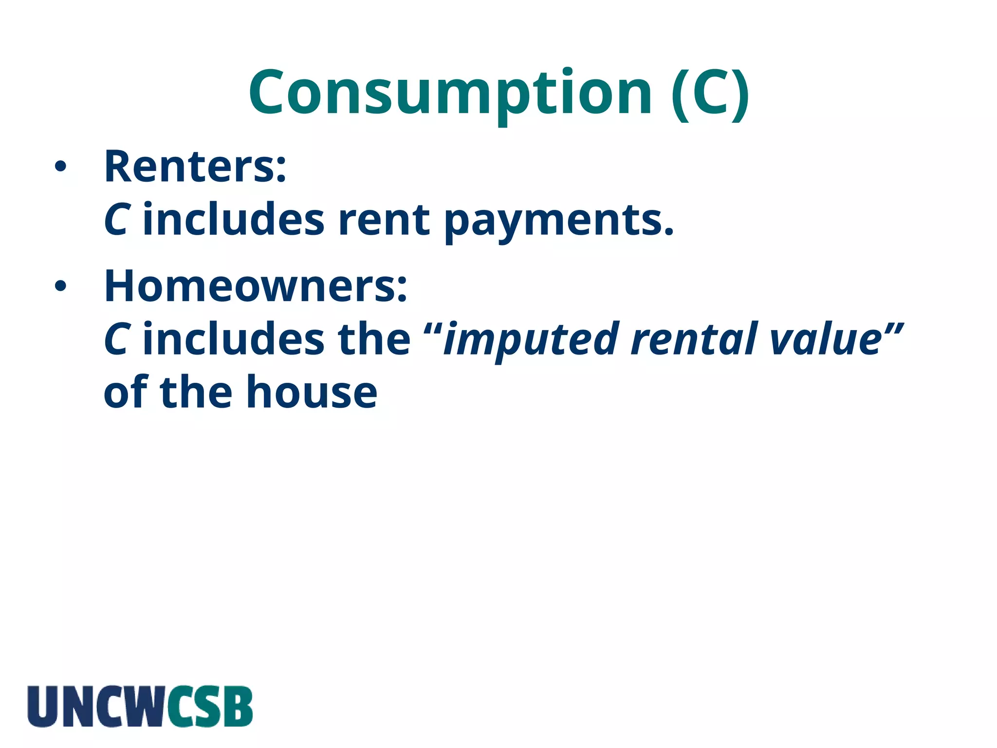 Consumption (C)
• Renters:
C includes rent payments.
• Homeowners:
C includes the “imputed rental value”
of the house
 