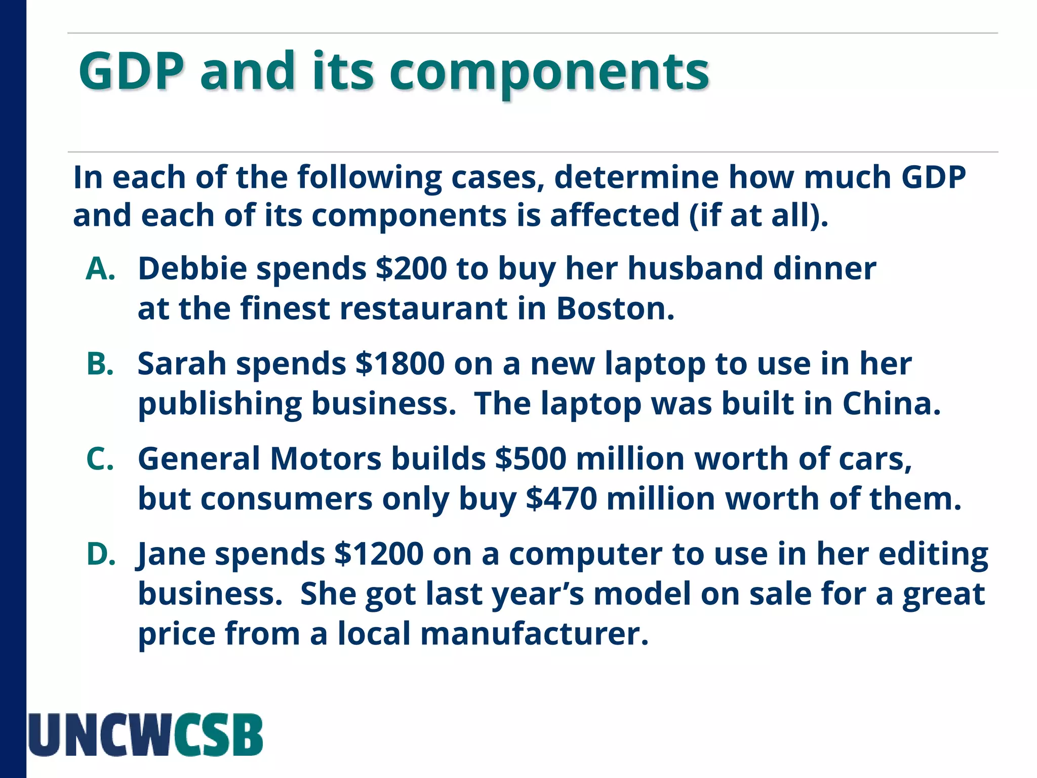 In each of the following cases, determine how much GDP
and each of its components is affected (if at all).
A. Debbie spends $200 to buy her husband dinner
at the finest restaurant in Boston.
B. Sarah spends $1800 on a new laptop to use in her
publishing business. The laptop was built in China.
C. General Motors builds $500 million worth of cars,
but consumers only buy $470 million worth of them.
D. Jane spends $1200 on a computer to use in her editing
business. She got last year’s model on sale for a great
price from a local manufacturer.
GDP and its components
 