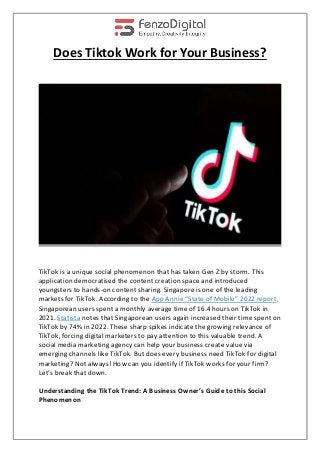 Does Tiktok Work for Your Business?
TikTok is a unique social phenomenon that has taken Gen Z by storm. This
application democratised the content creation space and introduced
youngsters to hands-on content sharing. Singapore is one of the leading
markets for TikTok. According to the App Annie “State of Mobile” 2022 report,
Singaporean users spent a monthly average time of 16.4 hours on TikTok in
2021. Statista notes that Singaporean users again increased their time spent on
TikTok by 74% in 2022. These sharp spikes indicate the growing relevance of
TikTok, forcing digital marketers to pay attention to this valuable trend. A
social media marketing agency can help your business create value via
emerging channels like TikTok. But does every business need TikTok for digital
marketing? Not always! How can you identify if TikTok works for your firm?
Let’s break that down.
Understanding the TikTok Trend: A Business Owner’s Guide to this Social
Phenomenon
 