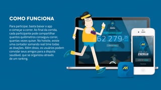 Para participar, basta baixar o app
e começar a correr. Ao final da corrida,
cada participante pode compartilhar
quantos quilômetros conseguiu correr,
quantas vezes quiser. No hotsite, existe
uma contador somando real time todas
as doações. Além disso, os usuários podem
convidar seus amigos para a disputa
saudável, que se organizou através
de um ranking.
Como funciona
 