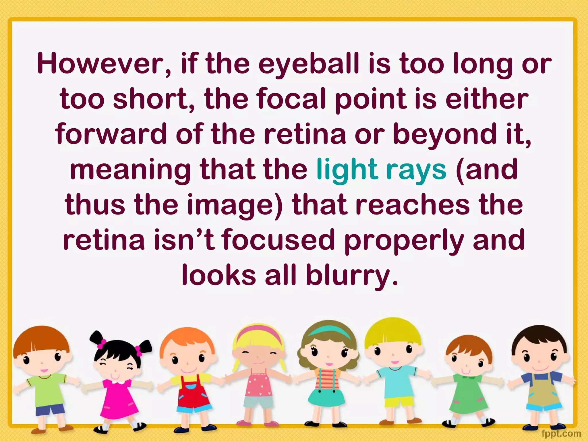 However, if the eyeball is too long or
 too short, the focal point is either
 forward of the retina or beyond it,
   meaning that the light rays (and
  thus the image) that reaches the
  retina isn’t focused properly and
           looks all blurry.
 