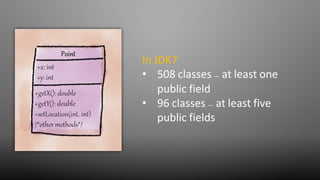 In JDK7
• 508 classes - at least one
public field
• 96 classes - at least five
public fields
 