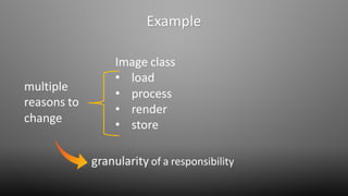 Image class
• load
• process
• render
• store
Example
multiple
reasons to
change
granularity of a responsibility
 