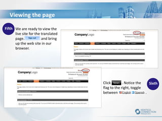 Fifth We are ready to view the
live site for the translated
page. and bring
up the web site in our
browser.
SixthClick . Notice the
flag to the right, toggle
between .
Viewing the page
 