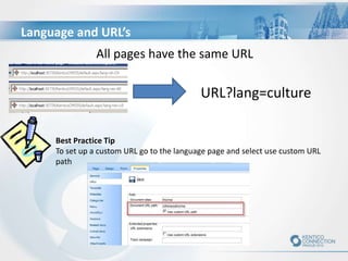 Language and URL’s
All pages have the same URL
URL?lang=culture
Best Practice Tip
To set up a custom URL go to the language page and select use custom URL
path
 