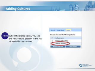 Third When the dialog closes, you see
the new culture present in the list
of available site cultures.
Adding Cultures
 