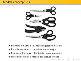 Mod`les conceptuels
   e




     Les trous du ciseau : capacit´ suggestive d’action
                                  e
     La taille des trous : contrainte sur les doigts
     Lien entre les trous et les doigts : correspondance
     M´canisme visible : mod`le conceptuel ´vident
      e                     e              e
 
