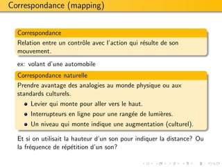 Correspondance (mapping)


  Correspondance
  Relation entre un contrˆle avec l’action qui r´sulte de son
                         o                      e
  mouvement.
  ex: volant d’une automobile
  Correspondance naturelle
  Prendre avantage des analogies au monde physique ou aux
  standards culturels.
      Levier qui monte pour aller vers le haut.
      Interrupteurs en ligne pour une rang´e de lumi`res.
                                          e         e
      Un niveau qui monte indique une augmentation (culturel).

  Et si on utilisait la hauteur d’un son pour indiquer la distance? Ou
  la fr´quence de r´p´tition d’un son?
       e             e e
 