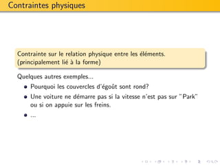 Contraintes physiques




  Contrainte sur le relation physique entre les ´l´ments.
                                                ee
  (principalement li´ ` la forme)
                    ea

  Quelques autres exemples...
      Pourquoi les couvercles d’´goˆt sont rond?
                                e u
      Une voiture ne d´marre pas si la vitesse n’est pas sur ”Park”
                       e
      ou si on appuie sur les freins.
      ...
 