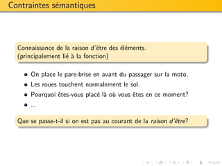 Contraintes s´mantiques
             e



  Connaissance de la raison d’ˆtre des ´l´ments.
                               e       ee
  (principalement li´ ` la fonction)
                    ea

      On place le pare-brise en avant du passager sur la moto.
      Les roues touchent normalement le sol.
      Pourquoi ˆtes-vous plac´ l` o` vous ˆtes en ce moment?
               e             e a u        e
      ...

  Que se passe-t-il si on est pas au courant de la raison d’ˆtre?
                                                            e
 