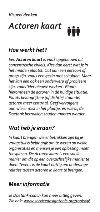 Visueel denken

Vraagstuk
Verhelderen
Hoe werkt het?
Met kaart onderscheidt 5 niveaus in het
Doetank vraagstuk: beleving, inzicht,
ontwikkeling, leren en systeem. Eerst schrijft
iedereen op welke uitdagingen zij zien op de
verschillende niveaus, en plaatst dit op de
kaart. Vervolgens deelt iedereen zijn/ haar
uitdagingen, waardoor overlap zichtbaar
wordt. Daarna geef je samen aan waar het
al wel goed gaat, dmv (inter)nationale ‘good
practices’ of praktische handigheden.

Wat heb je eraan?
Een Vraagstuk kaart wordt toegepast aan
het begin van een Doetank om gedeeld begrip
te krijgen van het vraagstuk. Het helpt om
gesprekken tussen doetankers met verschillende
achtergronden productiever te maken.

Meer informatie
Voor vragen over Vraagstuk verheldering kan
je contact opnemen met je Doetank-coach.
Een voorbeeld van een toepassing vind je hier:
www.beacon-learningnetwork.blogspot.com
(workshop 1).
 