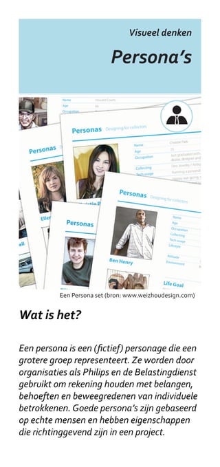 Visueel denken

                           Actoren
                             kaart




                    Een Actoren kaart in een Doetank


Wat is het?

Een Actoren kaart is een overzicht van
betrokkenen en belanghebbenden bij
het Doetank vraagstuk: professionals,
organisaties en (groepen) burgers. Vaak wordt
kleurcodering toegepast voor verschillende
typen actoren. Je kan dit alleen doen of met
een groep mensen - het enige wat nodig is
pen en (gekleurd) papier!
 