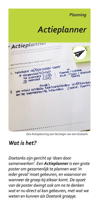 Business Case

                  Input / Output
                           model


    (verwachte)                 (geschatte)

    INPUT:                      OUTPUT:

                              √  en gezin uit de
                                E
 -  eputatie: de
   R                            problemen (=kwalitatief)
   gemeente loopt
   risico als het mis         √  e gemeente
                                D
   gaat (=kwalitatief)          positief in het
                                nieuws (=kwalitatief)
 -  2 halve dagen 
   1
   kosten van een             √  ekelijks ca. 4 uur
                                W
   cursus (=kwantitatief)       minder kwijt met
                                langs elkaar heen
                                werken (=kwantitatief)




         Input/ Output model toegepast op organisatie niveau


Wat is het?

Dit is een denkkader voor productiviteit door
te kijken naar input (investeringen) en output
(beoogde resultaten). Het is van belang
dat Doetanks zowel over kwalitatieve als
kwantitatieve aspecten nadenken. Vernieuwen
gaat immers niet alleen over efficienter
werken, maar vooral ook over wat het oplevert
voor de burger. Het model werkt op het niveau
van Doetank, organisatie, en maatschappij.
 