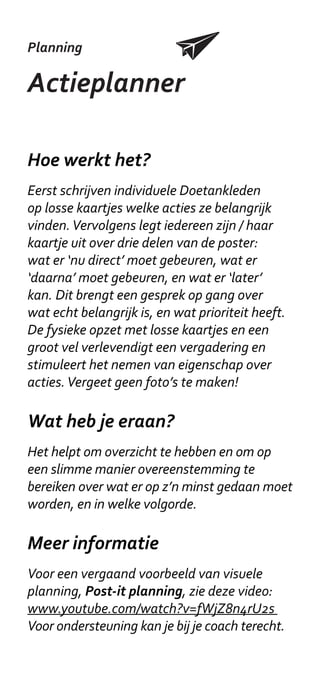 Business Case

Input /
Output Model
Hoe werkt het?
Voor startende Doetanks is het nuttig om
input en output van de Doetank zelf te
formuleren. “Wat wil je dat je Doetank
uiteindelijk oplevert? En welke input is
daarvoor nodig “(tijd, middelen, mensen)?
Deze vragen helpen om richting te geven
aan het Doetank-proces en om oplossingen
toe te snijden op specifieke situaties. Gebruik
het model ok om te formuleren wat er niet
goed gaat in de huidige situatie. Het model
voorkomt dat ideeën gaan “zweven”.

Wat heb je eraan?
Het model helpt om zakelijke argumentaties
te ontwikkelen, om organisaties te vinden
waar de oplossing kunnen worden toegepast.
Het biedt houvast voor het meten van
resultaten achteraf.

Meer informatie
Meer informatie is te vinden op:
www.slimmernetwerk.nl/doetanks
Voor ondersteuning, mail:
wouter.vandertorre@tno.nl
 