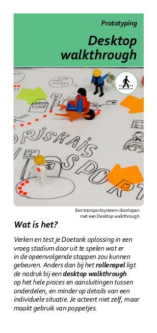 Prototyping

                     Desktop
                 walkthrough




                       Een transportsysteem doorlopen
                         met een Desktop walkthrough

Wat is het?
Verken en test je Doetank oplossing in een
vroeg stadium door uit te spelen wat er
in de opeenvolgende stappen zou kunnen
gebeuren. Anders dan bij het rollenspel ligt
de nadruk bij een desktop walkthrough
op het hele proces en aansluitingen tussen
onderdelen, en minder op details van een
individuele situatie. Je acteert niet zelf, maar
maakt gebruik van poppetjes.
 