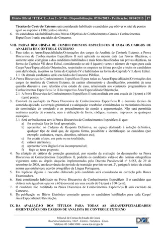 Diário Oficial / TCE-CE - Ano 2 - Nº 54 - Disponibilização: 07/04/2015 - Publicação: 08/04/2015 17
Técnico de Controle Externo será considerado habilitado o candidato que obtiver o total de pontos
igual ou superior a 180 (cento e oitenta).
6. Os candidatos não habilitados nas Provas Objetivas de Conhecimentos Gerais e Conhecimentos
Específicos I serão excluídos do Concurso.
VIII. PROVA DISCURSIVA DE CONHECIMENTOS ESPECÍFICOS II PARA OS CARGOS DE
ANALISTA DE CONTROLE EXTERNO
1. Para todas as Áreas/Especialidades/Orientações dos cargos de Analista de Controle Externo, a Prova
Discursiva de Conhecimentos Específicos II será aplicada na mesma data das Provas Objetivas, e
somente serão corrigidas a dos candidatos habilitados e mais bem classificados nas provas objetivas, na
forma do Capítulo VII deste Edital, considerando-se até 4 (quatro) vezes o número de vagas para cada
Cargo/Área/Especialidade/Orientações, respeitados os empates na última posição e todos os candidatos
com deficiência, inscritos na forma do Capítulo IV e habilitados na forma do Capítulo VII, deste Edital.
1.1 Os demais candidatos serão excluídos do Concurso Público.
2. A Prova Discursiva de Conhecimentos Específicos II para todas as Áreas/Especialidades/Orientações dos
cargos de Analista de Controle Externo, de caráter eliminatório e classificatório, consistirá de uma
questão discursiva e/ou relatório e/ou estudo de caso, relacionada aos conteúdos programáticos de
Conhecimentos Específicos I e II da respectiva Área/Especialidade/Orientação.
2.1 A Prova Discursiva de Conhecimentos Específicos II será avaliada em uma escala de 0 (zero) a 100
(cem) pontos.
3. Constará da avaliação da Prova Discursiva de Conhecimentos Específicos II o domínio técnico do
conteúdo aplicado, a correção gramatical e a adequação vocabular, considerados os mecanismos básicos
de constituição do vernáculo e os procedimentos de coesão e argumentação. Não será permitida
nenhuma espécie de consulta, nem a utilização de livros, códigos, manuais, impressos ou quaisquer
anotações.
3.1 Será atribuída nota zero à Prova Discursiva de Conhecimentos Específicos II que:
a) for assinada fora do local apropriado;
b) apresentar, no Caderno de Resposta Definitiva, no espaço destinado à redação definitiva,
qualquer tipo de sinal que, de alguma forma, possibilite a identificação do candidato (por
exemplo: assinatura, traços, desenhos, rabiscos etc);
c) for escrita a lápis, em parte ou na totalidade;
d) estiver em branco;
e) apresentar letra ilegível e/ou incompreensível;
f) fugir ao tema proposto.
4. Na aferição do critério de correção gramatical, por ocasião da avaliação do desempenho na Prova
Discursiva de Conhecimentos Específicos II, poderão os candidatos valer-se das normas ortográficas
vigorantes antes ou depois daquelas implementadas pelo Decreto Presidencial nº 6.583, de 29 de
setembro de 2008, em decorrência do período de transição previsto no art. 2º, parágrafo único da citada
norma que estabeleceu acordo ortográfico da Língua Portuguesa.
5. Em hipótese alguma o rascunho elaborado pelo candidato será considerado na correção pela Banca
Examinadora.
6. Será considerado habilitado na Prova Discursiva de Conhecimentos Específicos II o candidato que
obtiver nota igual ou superior a 60 (sessenta) em uma escala de 0 (zero) a 100 (cem).
7. O candidato não habilitado na Prova Discursiva de Conhecimentos Específicos II será excluído do
Concurso.
8. Da publicação no Diário Eletrônico constarão apenas os candidatos habilitados para cada Cargo/
Área/Especialidade/Orientação.
IX. DA AVALIAÇÃO DOS TÍTULOS PARA TODAS AS ÁREAS/ESPECIALIDADES/
ORIENTAÇÕES DOS CARGOS DE ANALISTA DE CONTROLE EXTERNO
 