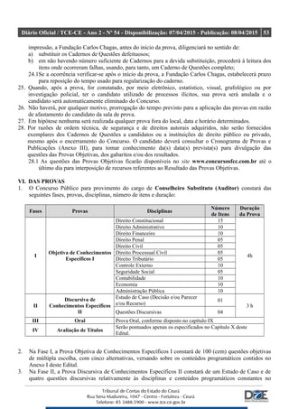Diário Oficial / TCE-CE - Ano 2 - Nº 54 - Disponibilização: 07/04/2015 - Publicação: 08/04/2015 53
impressão, a Fundação Carlos Chagas, antes do início da prova, diligenciará no sentido de:
a) substituir os Cadernos de Questões defeituosos;
b) em não havendo número suficiente de Cadernos para a devida substituição, procederá à leitura dos
itens onde ocorreram falhas, usando, para tanto, um Caderno de Questões completo;
24.1Se a ocorrência verificar-se após o início da prova, a Fundação Carlos Chagas, estabelecerá prazo
para reposição do tempo usado para regularização do caderno.
25. Quando, após a prova, for constatado, por meio eletrônico, estatístico, visual, grafológico ou por
investigação policial, ter o candidato utilizado de processos ilícitos, sua prova será anulada e o
candidato será automaticamente eliminado do Concurso.
26. Não haverá, por qualquer motivo, prorrogação do tempo previsto para a aplicação das provas em razão
de afastamento do candidato da sala de prova.
27. Em hipótese nenhuma será realizada qualquer prova fora do local, data e horário determinados.
28. Por razões de ordem técnica, de segurança e de direitos autorais adquiridos, não serão fornecidos
exemplares dos Cadernos de Questões a candidatos ou a instituições de direito público ou privado,
mesmo após o encerramento do Concurso. O candidato deverá consultar o Cronograma de Provas e
Publicações (Anexo III), para tomar conhecimento da(s) data(s) prevista(s) para divulgação das
questões das Provas Objetivas, dos gabaritos e/ou dos resultados.
28.1 As questões das Provas Objetivas ficarão disponíveis no site www.concursosfcc.com.br até o
último dia para interposição de recursos referentes ao Resultado das Provas Objetivas.
VI. DAS PROVAS
1. O Concurso Público para provimento do cargo de Conselheiro Substituto (Auditor) constará das
seguintes fases, provas, disciplinas, número de itens e duração:
Fases Provas Disciplinas
Número
de Itens
Duração
da Prova
I
Objetiva de Conhecimentos
Específicos I
Direito Constitucional 15
4h
Direito Administrativo 10
Direito Financeiro 10
Direito Penal 05
Direito Civil 05
Direito Processual Civil 05
Direito Tributário 05
Controle Externo 10
Seguridade Social 05
Contabilidade 10
Economia 10
Administração Pública 10
II
Discursiva de
Conhecimentos Específicos
II
Estudo de Caso (Decisão e/ou Parecer
e/ou Recurso)
01
3 h
Questões Discursivas 04
III Oral Prova Oral, conforme disposto no capítulo IX
IV Avaliação de Títulos
Serão pontuados apenas os especificados no Capítulo X deste
Edital.
2. Na Fase I, a Prova Objetiva de Conhecimentos Específicos I constará de 100 (cem) questões objetivas
de múltipla escolha, com cinco alternativas, versando sobre os conteúdos programáticos contidos no
Anexo I deste Edital.
3. Na Fase II, a Prova Discursiva de Conhecimentos Específicos II constará de um Estudo de Caso e de
quatro questões discursivas relativamente às disciplinas e conteúdos programáticos constantes no
 