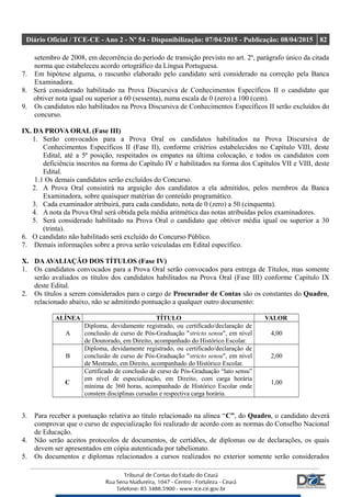Diário Oficial / TCE-CE - Ano 2 - Nº 54 - Disponibilização: 07/04/2015 - Publicação: 08/04/2015 82
setembro de 2008, em decorrência do período de transição previsto no art. 2º, parágrafo único da citada
norma que estabeleceu acordo ortográfico da Língua Portuguesa.
7. Em hipótese alguma, o rascunho elaborado pelo candidato será considerado na correção pela Banca
Examinadora.
8. Será considerado habilitado na Prova Discursiva de Conhecimentos Específicos II o candidato que
obtiver nota igual ou superior a 60 (sessenta), numa escala de 0 (zero) a 100 (cem).
9. Os candidatos não habilitados na Prova Discursiva de Conhecimentos Específicos II serão excluídos do
concurso.
IX. DA PROVA ORAL (Fase III)
1. Serão convocados para a Prova Oral os candidatos habilitados na Prova Discursiva de
Conhecimentos Específicos II (Fase II), conforme critérios estabelecidos no Capítulo VIII, deste
Edital, até a 5ª posição, respeitados os empates na última colocação, e todos os candidatos com
deficiência inscritos na forma do Capítulo IV e habilitados na forma dos Capítulos VII e VIII, deste
Edital.
1.1 Os demais candidatos serão excluídos do Concurso.
2. A Prova Oral consistirá na arguição dos candidatos a ela admitidos, pelos membros da Banca
Examinadora, sobre quaisquer matérias do conteúdo programático.
3. Cada examinador atribuirá, para cada candidato, nota de 0 (zero) a 50 (cinquenta).
4. A nota da Prova Oral será obtida pela média aritmética das notas atribuídas pelos examinadores.
5. Será considerado habilitado na Prova Oral o candidato que obtiver média igual ou superior a 30
(trinta).
6. O candidato não habilitado será excluído do Concurso Público.
7. Demais informações sobre a prova serão veiculadas em Edital específico.
X. DAAVALIAÇÃO DOS TÍTULOS (Fase IV)
1. Os candidatos convocados para a Prova Oral serão convocados para entrega de Títulos, mas somente
serão avaliados os títulos dos candidatos habilitados na Prova Oral (Fase III) conforme Capítulo IX
deste Edital.
2. Os títulos a serem considerados para o cargo de Procurador de Contas são os constantes do Quadro,
relacionado abaixo, não se admitindo pontuação a qualquer outro documento:
ALÍNEA TÍTULO VALOR
A
Diploma, devidamente registrado, ou certificado/declaração de
conclusão de curso de Pós-Graduação "stricto sensu", em nível
de Doutorado, em Direito, acompanhado do Histórico Escolar.
4,00
B
Diploma, devidamente registrado, ou certificado/declaração de
conclusão de curso de Pós-Graduação "stricto sensu", em nível
de Mestrado, em Direito, acompanhado do Histórico Escolar.
2,00
C
Certificado de conclusão de curso de Pós-Graduação “lato sensu”
em nível de especialização, em Direito, com carga horária
mínima de 360 horas, acompanhado de Histórico Escolar onde
constem disciplinas cursadas e respectiva carga horária.
1,00
3. Para receber a pontuação relativa ao título relacionado na alínea “C”, do Quadro, o candidato deverá
comprovar que o curso de especialização foi realizado de acordo com as normas do Conselho Nacional
de Educação.
4. Não serão aceitos protocolos de documentos, de certidões, de diplomas ou de declarações, os quais
devem ser apresentados em cópia autenticada por tabelionato.
5. Os documentos e diplomas relacionados a cursos realizados no exterior somente serão considerados
 