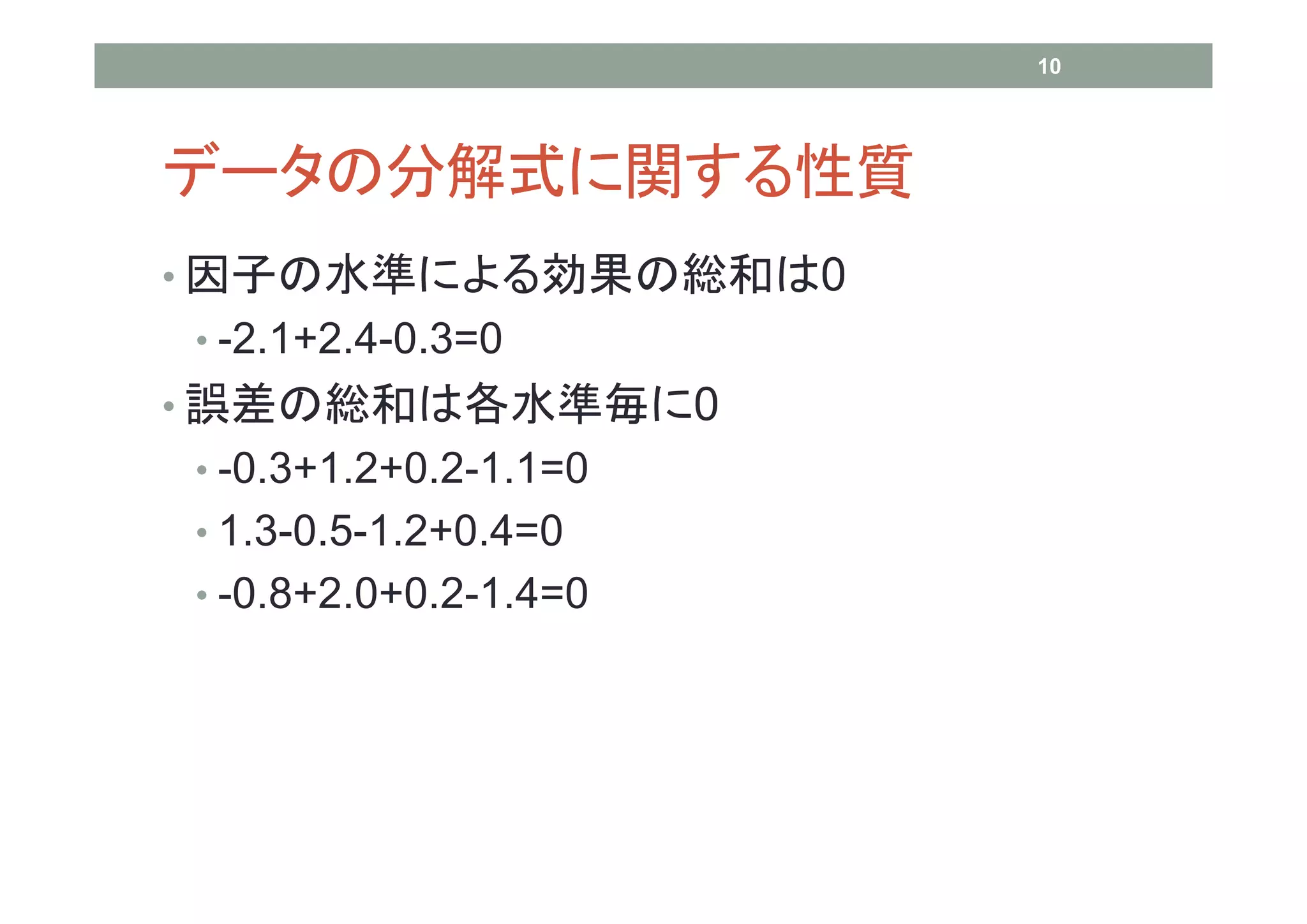 10




データの分解式に関する性質
• 因子の水準による効果の総和は0
• -2.1+2.4-0.3=0
• 誤差の総和は各水準毎に0
• -0.3+1.2+0.2-1.1=0
• 1.3-0.5-1.2+0.4=0
• -0.8+2.0+0.2-1.4=0
 