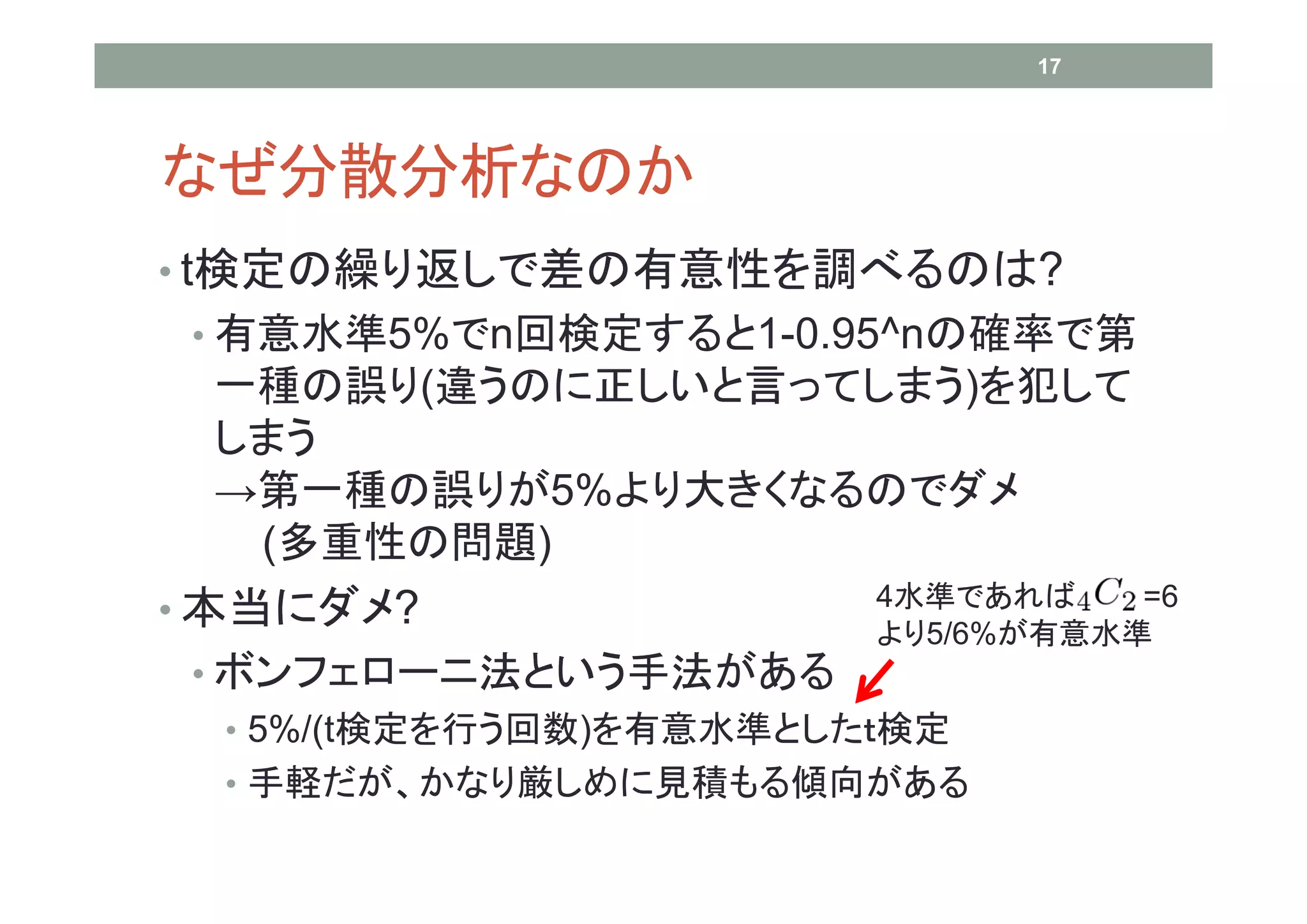 17




なぜ分散分析なのか
• t検定の繰り返しで差の有意性を調べるのは?
 • 有意水準5%でn回検定すると1-0.95^nの確率で第
 一種の誤り(違うのに正しいと言ってしまう)を犯して
 しまう
 →第一種の誤りが5%より大きくなるのでダメ
  (多重性の問題)
• 本当にダメ?                 4水準であれば    =6
                         より5/6%が有意水準
 • ボンフェローニ法という手法がある
   • 5%/(t検定を行う回数)を有意水準としたｔ検定
   • 手軽だが、かなり厳しめに見積もる傾向がある
 