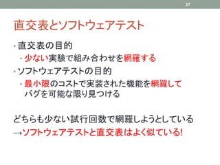 27




直交表とソフトウェアテスト
• 直交表の目的
• 少ない実験で組み合わせを網羅する
• ソフトウェアテストの目的
• 最小限のコストで実装された機能を網羅して
 バグを可能な限り見つける

どちらも少ない試行回数で網羅しようとしている
→ソフトウェアテストと直交表はよく似ている!
 