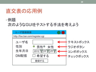 29




直交表の応用例
• 例題
次のようなGUIをテストする手法を考えよう
    ユーザ登録画面
   http://foo.bar.com/register.cgi

     ユーザ名                                  テキストボックス
     性別                   男性          女性   ラジオボタン
     生年月日              2012      04   28   コンボボックス
     DM配信                 希望する             チェックボックス
                        登録する
 