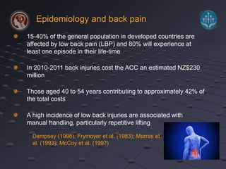 Epidemiology and back pain 
15-40% of the general population in developed countries are 
affected by low back pain (LBP) and 80% will experience at 
least one episode in their life-time 
In 2010-2011 back injuries cost the ACC an estimated NZ$230 
million 
Those aged 40 to 54 years contributing to approximately 42% of 
the total costs 
A high incidence of low back injuries are associated with 
manual handling, particularly repetitive lifting 
Dempsey (1998); Frymoyer et al. (1983); Marras et 
al. (1993); McCoy et al. (1997) 
 