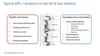 © 2017 Tata Consultancy Services
Typical KPIs / Analytics in the Oil & Gas Industry
Top KPIs in the Industry
 % Non productive drilling time (NPT)
 % Drilling rig utilization rate
 % Drilling success rate
 $ Drilling cost per meter (foot)
 % Drilling rigs availability
Top Analytics focus in the Industry
 Analysis on LWD & MWD data
 Spontaneous Potential Log
 Resistivity Log
 Induction Log
 Nuclear Log (Gamma Ray, Neutron…)
 Seismic Log
 SCADA & Diagnostics
 Field Instrumentation
 Safety & Security Alerts
 