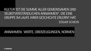 EDGAR SCHEIN
KULTUR IST DIE SUMME ALLER GEMEINSAMEN UND
SELBSTVERSTÄNDLICHEN ANNAHMEN*, DIE EINE
GRUPPE IM LAUFE IHRER GESCHICHTE ERLERNT HAT.
ANNAHMEN: WERTE, ÜBERZEUGUNGEN, NORMEN
 