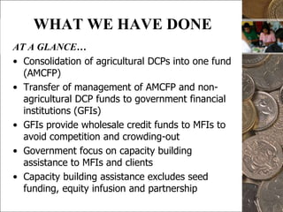 Indicators to assess MFI financial performance15WHAT WE HAVE DONELEGAL AND REGULATORY FRAMEWORK FOR CREDIT/FINANCIAL COOPERATIVESStandardized the Chart of Accounts for Savings and Credit Coops (SCCs)Formulated the Performance Standards for SCCs (COOP-PESOS)Developed the Manual of Rules and Regulations for SCCsBuilding the capacity of CDA to regulate and supervise SCCsEstablishing the Coop Information Infrastructure SystemDrafting the Manual of Supervision and Examination for SCCs