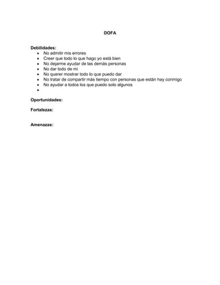 DOFA<br />Debilidades:<br />No admitir mis errores <br />Creer que todo lo que hago yo está bien <br />No dejarme ayudar de las demás personas<br />No dar todo de mi <br />No querer mostrar todo lo que puedo dar <br />No tratar de compartir más tiempo con personas que están hay conmigo<br />No ayudar a todos los que puedo solo algunos<br />Oportunidades:<br />Fortalezas:<br />Amenazas:<br />