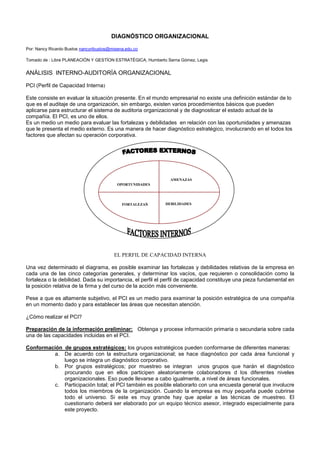 DIAGNÓSTICO ORGANIZACIONAL

Por: Nancy Ricardo Bustos nancyribustos@misena.edu.co

Tomado de : Libre PLANEACIÓN Y GESTÍON ESTRATÉGICA, Humberto Serna Gómez, Legis


ANÁLISIS INTERNO-AUDITORÍA ORGANIZACIONAL

PCI (Perfil de Capacidad Interna)

Este consiste en evaluar la situación presente. En el mundo empresarial no existe una definición estándar de lo
que es el auditaje de una organización, sin embargo, existen varios procedimientos básicos que pueden
aplicarse para estructurar el sistema de auditoria organizacional y de diagnosticar el estado actual de la
compañía. El PCI, es uno de ellos.
Es un medio un medio para evaluar las fortalezas y debilidades en relación con las oportunidades y amenazas
que le presenta el medio externo. Es una manera de hacer diagnóstico estratégico, involucrando en el todos los
factores que afectan su operación corporativa.




                                                              AMENAZAS
                                           OPORTUNIDADES




                                             FORTALEZAS     DEBILIDADES




                                         EL PERFIL DE CAPACIDAD INTERNA

Una vez determinado el diagrama, es posible examinar las fortalezas y debilidades relativas de la empresa en
cada una de las cinco categorías generales, y determinar los vacíos, que requieren o consolidación como la
fortaleza o la debilidad. Dada su importancia, el perfil el perfil de capacidad constituye una pieza fundamental en
la posición relativa de la firma y del curso de la acción más conveniente.

Pese a que es altamente subjetivo, el PCI es un medio para examinar la posición estratégica de una compañía
en un momento dado y para establecer las áreas que necesitan atención.

¿Cómo realizar el PCI?

Preparación de la información preliminar: Obtenga y procese información primaria o secundaria sobre cada
una de las capacidades incluidas en el PCI.

Conformación de grupos estratégicos: los grupos estratégicos pueden conformarse de diferentes maneras:
         a. De acuerdo con la estructura organizacional; se hace diagnóstico por cada área funcional y
             luego se integra un diagnóstico corporativo.
         b. Por grupos estratégicos; por muestreo se integran unos grupos que harán el diagnóstico
             procurando que en ellos participen aleatoriamente colaboradores d los diferentes niveles
             organizacionales. Eso puede llevarse a cabo igualmente, a nivel de áreas funcionales.
         c. Participación total; el PCI también es posible elaborarlo con una encuesta general que involucre
             todos los miembros de la organización. Cuando la empresa es muy pequeña puede cubrirse
             todo el universo. Si este es muy grande hay que apelar a las técnicas de muestreo. El
             cuestionario deberá ser elaborado por un equipo técnico asesor, integrado especialmente para
             este proyecto.
 