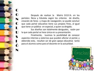 C
O              Después de realizar la Matriz D.O.F.A. en los
N   portales: Rena y Eduteka según los criterios de diseño,
    creación de foros y mapa de navegación; se puede concluir
C   que cada portal educativo tiene sus propios fines, al igual
    que tiene un público en especial, a quien va dirigido.
L              Sus diseños son totalmente desiguales, razón por
U   la que cada portal se hace única en su presentación.
               Finalmente, tuvimos la posibilidad de conocer
S   aspectos internos y externos que pueden afectar al portal, y
I   obtenido esto, resultan ser de gran apoyo educativo tanto
    para el alumno como para el docente en la actualidad.
Ó
N
 
