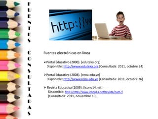 F
U
E
N
T
E
S

C   Fuentes electrónicas en línea
O
    Portal Educativo (2000). [eduteka.org]
N    Disponible: http://www.eduteka.org [Consultada: 2011, octubre 24]
S
    Portal Educativo (2008). [rena.edu.ve]
U    Disponible: http://www.rena.edu.ve [Consultada: 2011, octubre 26]
L
     Revista Educativa (2009). [icono14.net]
T      Disponible: http://http://www.icono14.net/revista/num7/
A      [Consultada: 2011, noviembre 10]
D
A
S
 